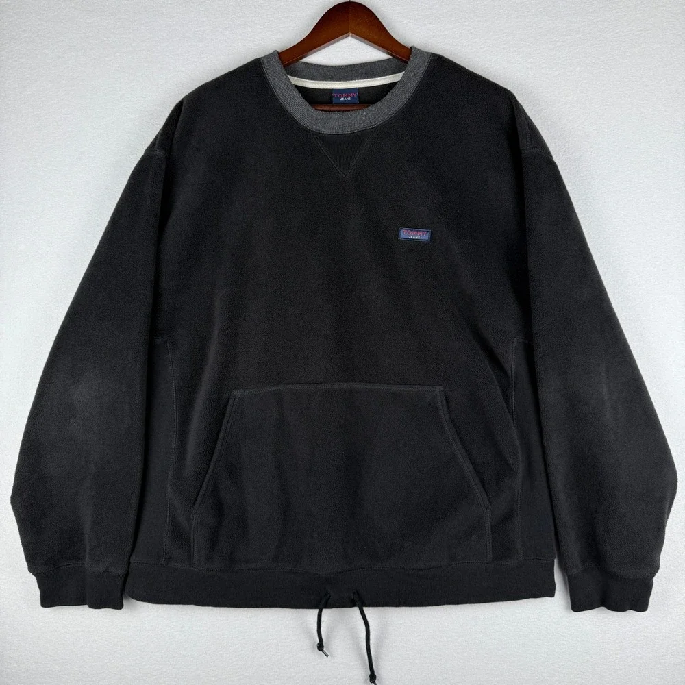 Vtg Tommy Jeans‎ Fleece Sweatshirt Mens Large Black Pullover Kangaroo Pocket - Picture 2 of 9